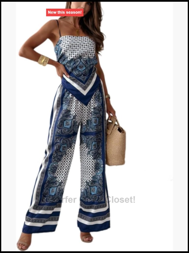 Womens Paisley Print 2 Piece Outfits Sleeveless Cami Top Going Out Wide Leg